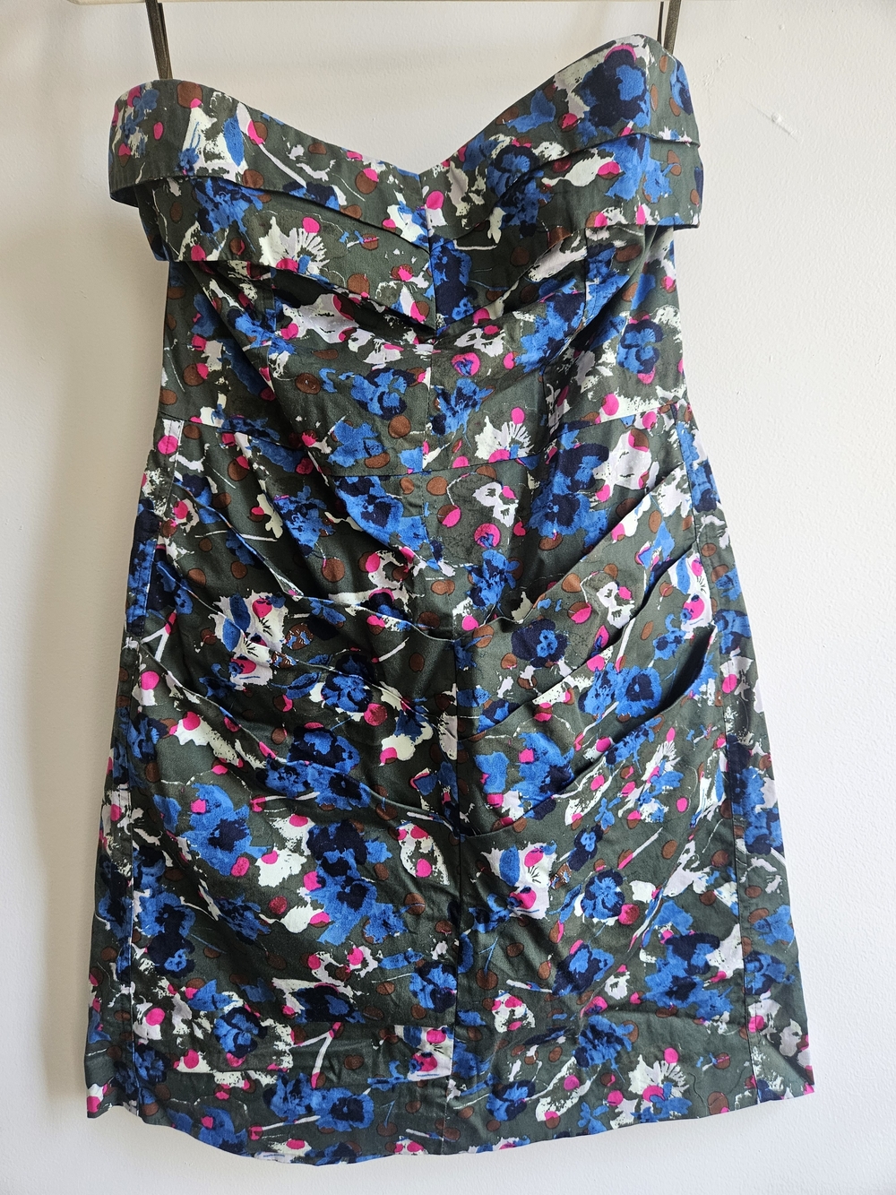 RACHEL Rachel Roy Olive Green Strapless Floral Dress with Blue & Pink Accents